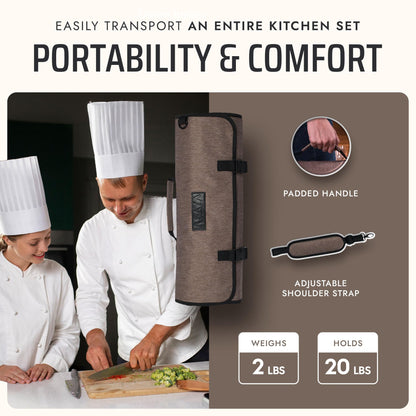 Asaya Waxed Nylon Chef Knife Roll Bag with 20 Slots and Zippered Pockets - Professional Chef Knife Bag & Storage Case, Tool Carrier with Shoulder Strap - Knives Not Included (Brown)