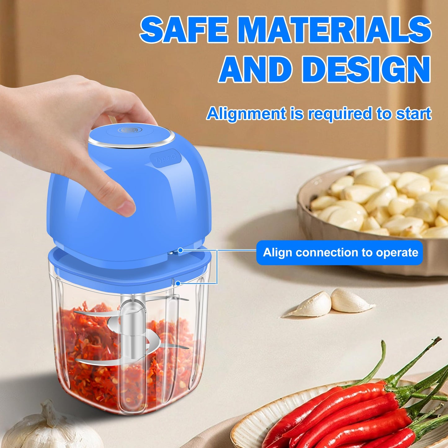 Electric Garlic Chopper, 450ML (1.8 Cup) Blue Mini Food Processor, Mini Chopper, Small Garlic Grinder Mincer for Onion, Ginger, Chili, Fruit, Meat