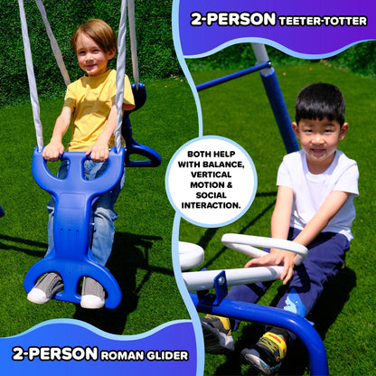 Sportspower Super 9 Metal Swing Set for Outdoor Backyard Play: Teeter Totter, Glide Ride, Roman Glider, Standing Swing, Trapeze, 5ft Slide, Anchor Kit, 7.5' D × 17.1' W × 6.1' H
