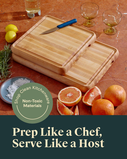Caraway 3-Piece Prep & Serve Butcher Block Set, Includes 17” Rectangle Cutting Board, 12” Square Cutting Board and Metal Storage Rack, Maple