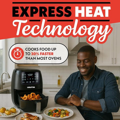 Gourmia Air Fryer - 6 Qt Large Capacity with FryForce 360º & Digital Display | 12 Cooking Presets, Black