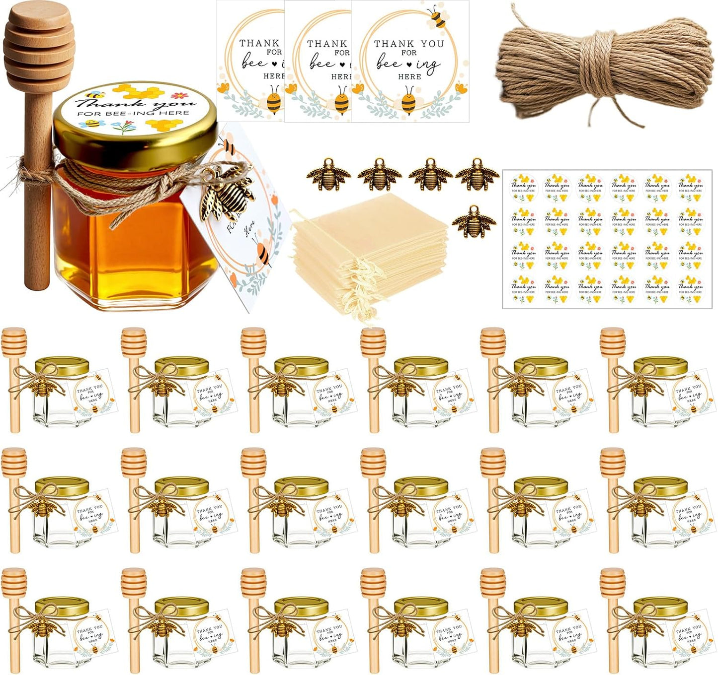 20 Pack Adabocute Mini Honey Jars with Dipper - Perfect for Baby Shower Favors and Wedding Favors - Includes Bee