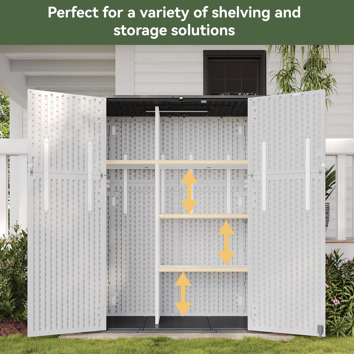 Aoxun 61 Cu.Ft Outdoor Storage Shed with Metal Shelving Kit, Widened Outdoor Storage Cabinet Waterproof Vertical Resin Shed with Floor for Garden Tools, Pool Equipment, Easy to Assemble (White)