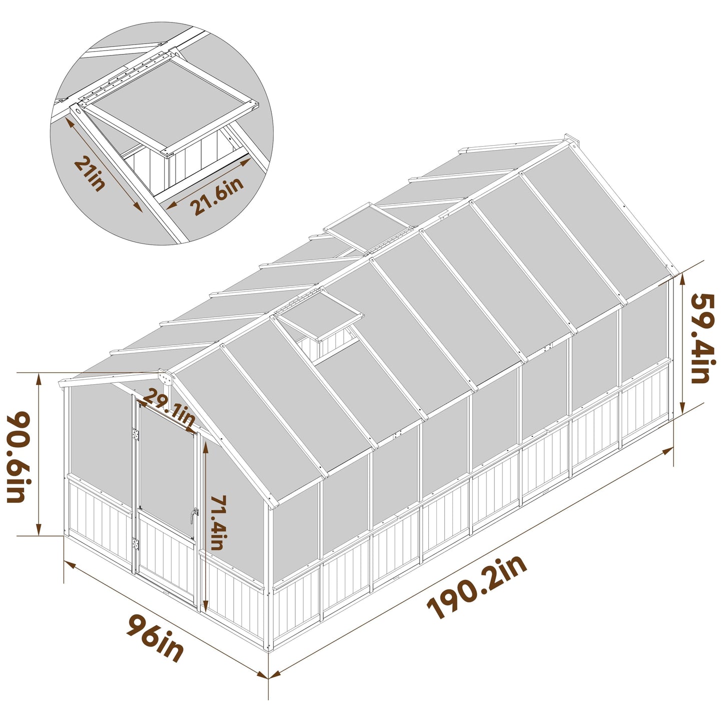 Yardenaler 8x16 FT Greenhouse for Outdoor, 6MM Thick Polycarbonate Panel Wooden Walk-in Green House with Adjustable Roof Vents and Lockable Door, Backyard Garden, Light Mocha Brown