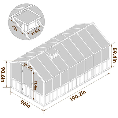 Yardenaler 8x16 FT Greenhouse for Outdoor, 6MM Thick Polycarbonate Panel Wooden Walk-in Green House with Adjustable Roof Vents and Lockable Door, Backyard Garden, Light Mocha Brown