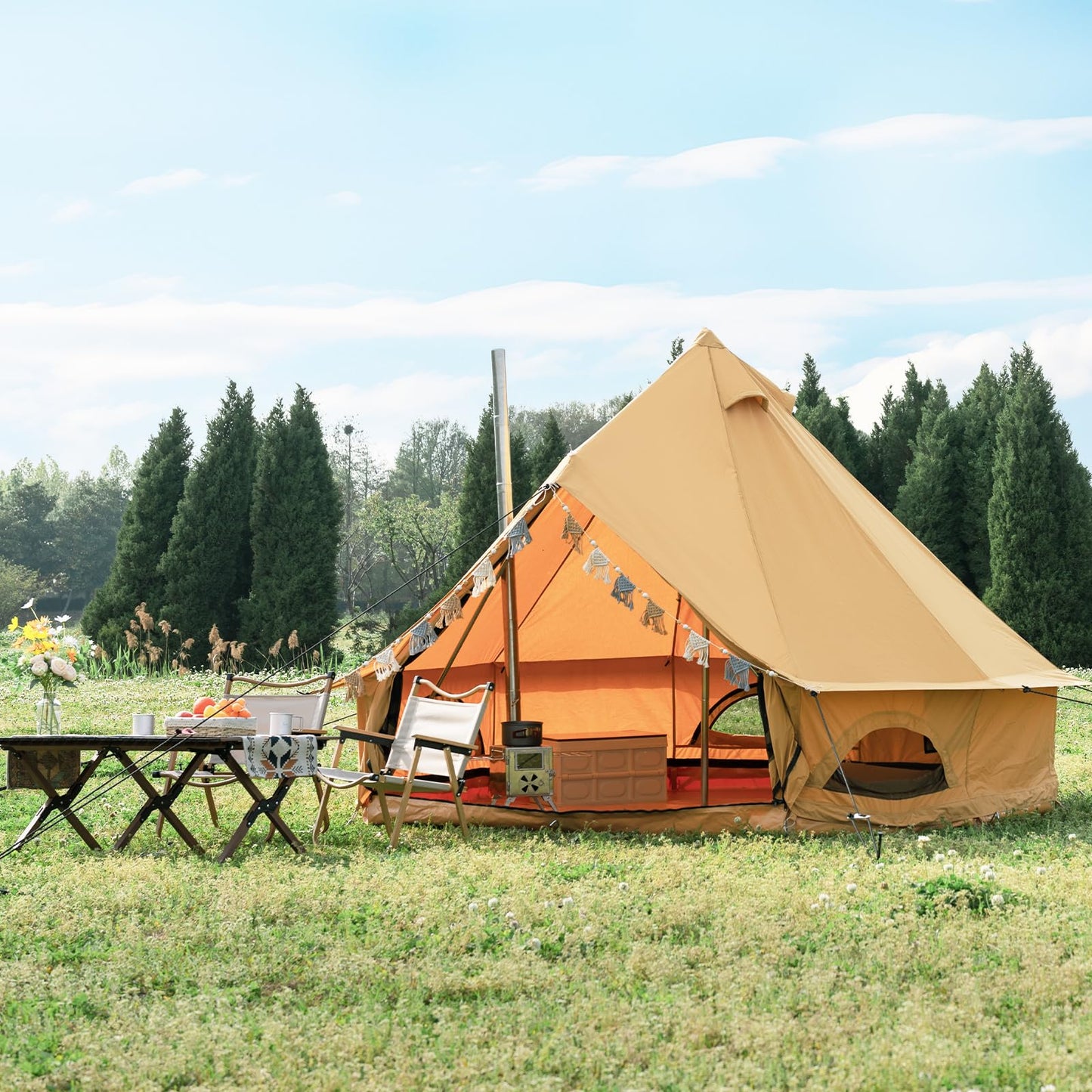 WaldZimmer Canvas Bell Tent 10ft Ginger with Stove Jack and Zipped Removable Floor, Luxury Outdoor Glamping Yurt Cotton Tent for Family Truck Car Camping Hunting Party