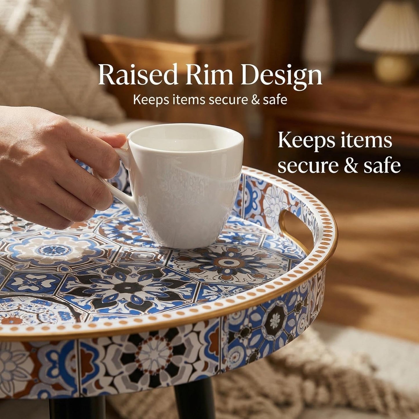 13" Zosenley Small Round Side Table - Blue Boho Geometric End Table with Vintage Pattern Tray - Unique Artistic Accent