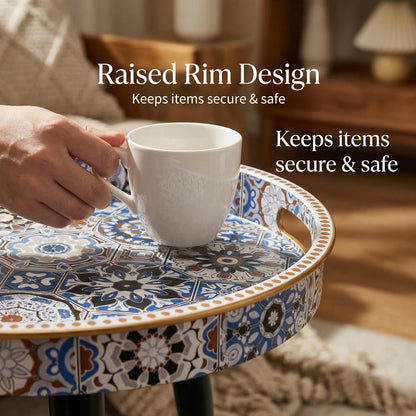 13" Zosenley Small Round Side Table - Blue Boho Geometric End Table with Vintage Pattern Tray - Unique Artistic Accent