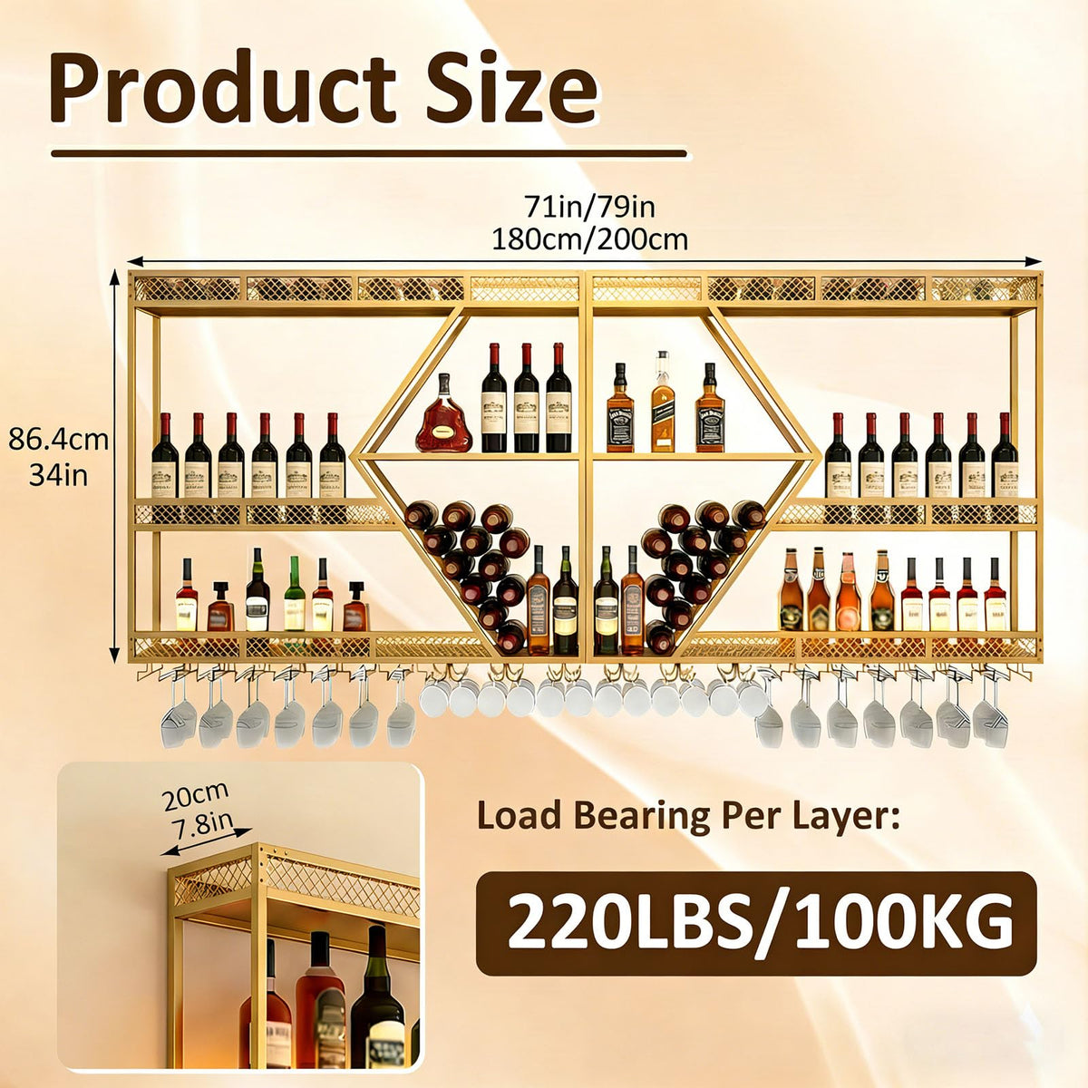 Wall Mounted Wine Rack, 71 Inch, 3-Tier Metal Bottle Shelf with Wine Glass Holder and LED Lights, Industrial Style for Home Bar, Restaurant (Gold, 71in)