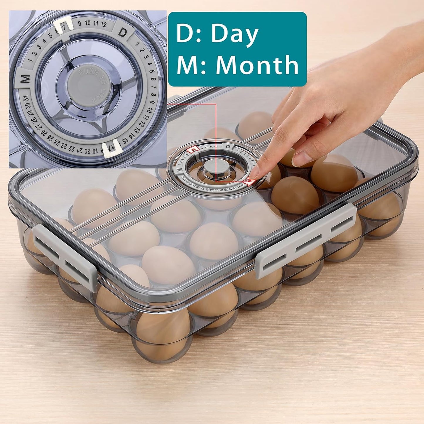 BTSKY Premium Plastic Egg Holder for Fridge - 24 Count Egg Container with Time Reminder and Lid, Reusable Stackable Egg