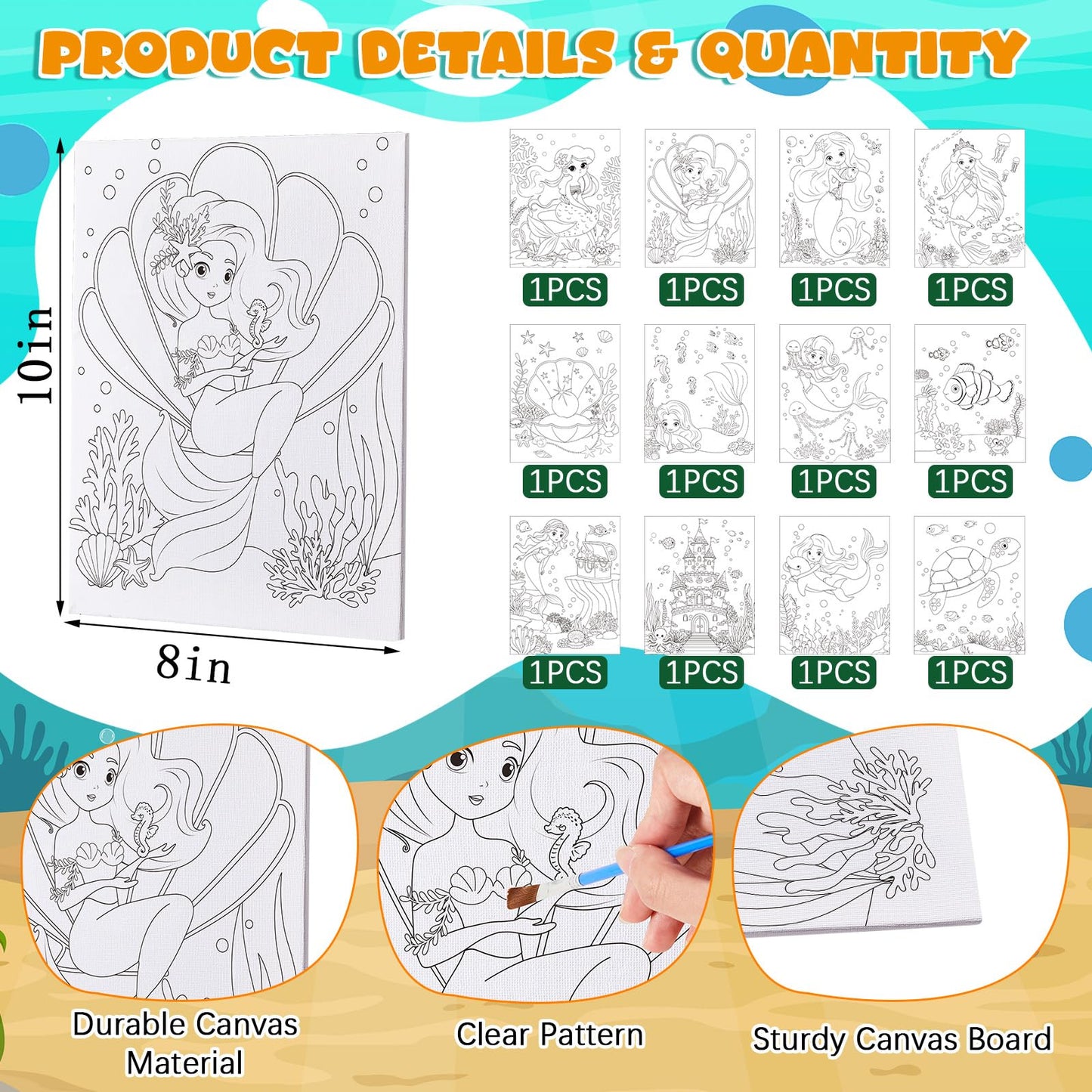 Ireer 12 Set Paint Party Set 8 x 10 Sip and Paint Kit Include 12 Printed Pre Drawn Canvas Panel, Wooden Easels, Palettes, Pots, Apron 36 Brushes for Adult Art DIY Party(Mermaid)