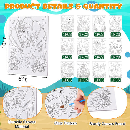 Ireer 12 Set Paint Party Set 8 x 10 Sip and Paint Kit Include 12 Printed Pre Drawn Canvas Panel, Wooden Easels, Palettes, Pots, Apron 36 Brushes for Adult Art DIY Party(Mermaid)