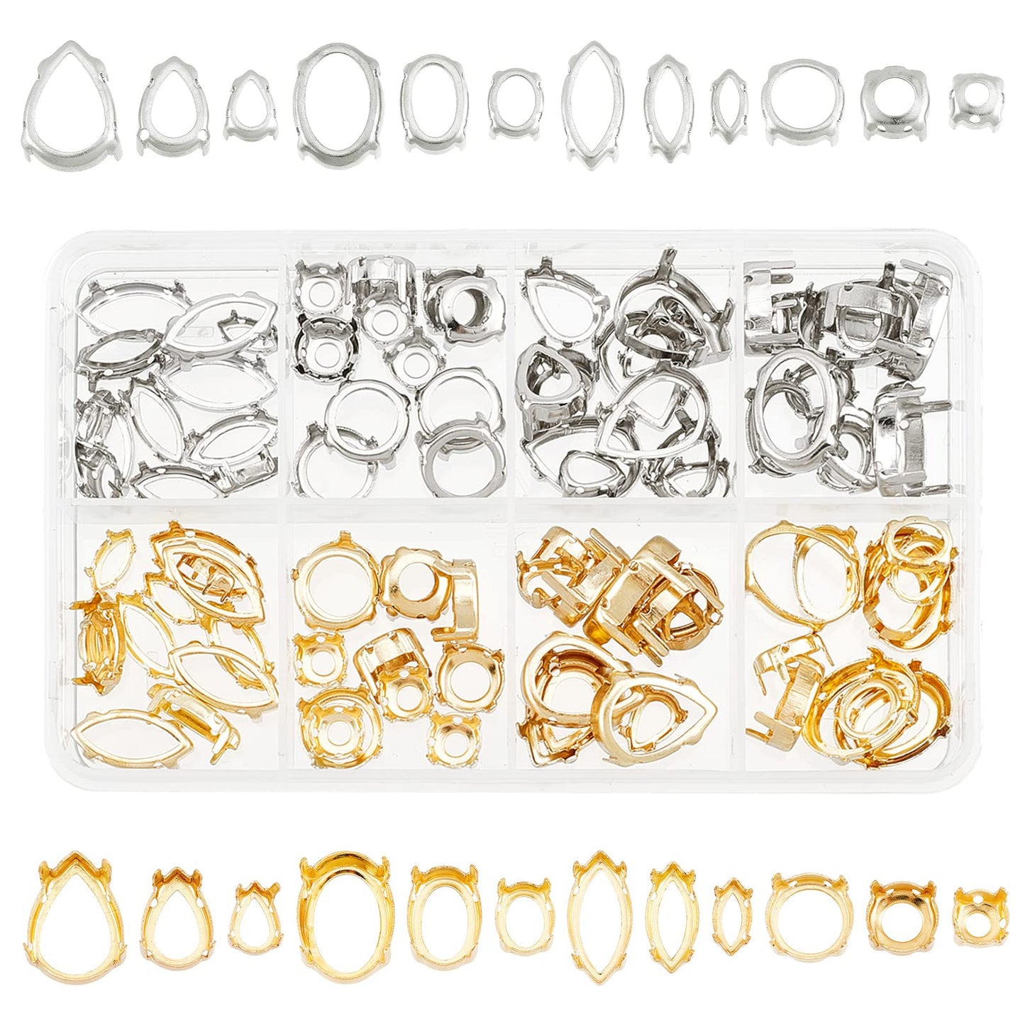 CHGCRAFT 96Pcs 24 Styles Brass Rhinestone Claw Settings Teardrop Horse Eye Oval Round Hollow Sew on Prong Setting for Rhinestone Gemstone Cabochon Resin Jewelry Making