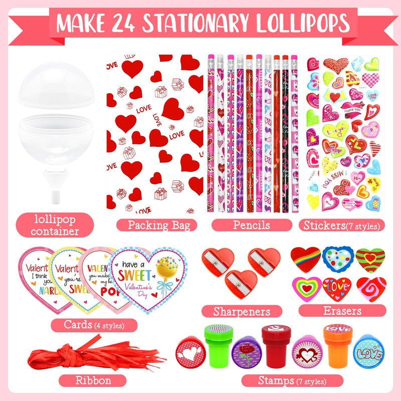 JJXUANER 24 Pack Valentines Day Gifts, Valentine's Day Gifts with Valentines Cards Pencils Stickers Erasers Stampers