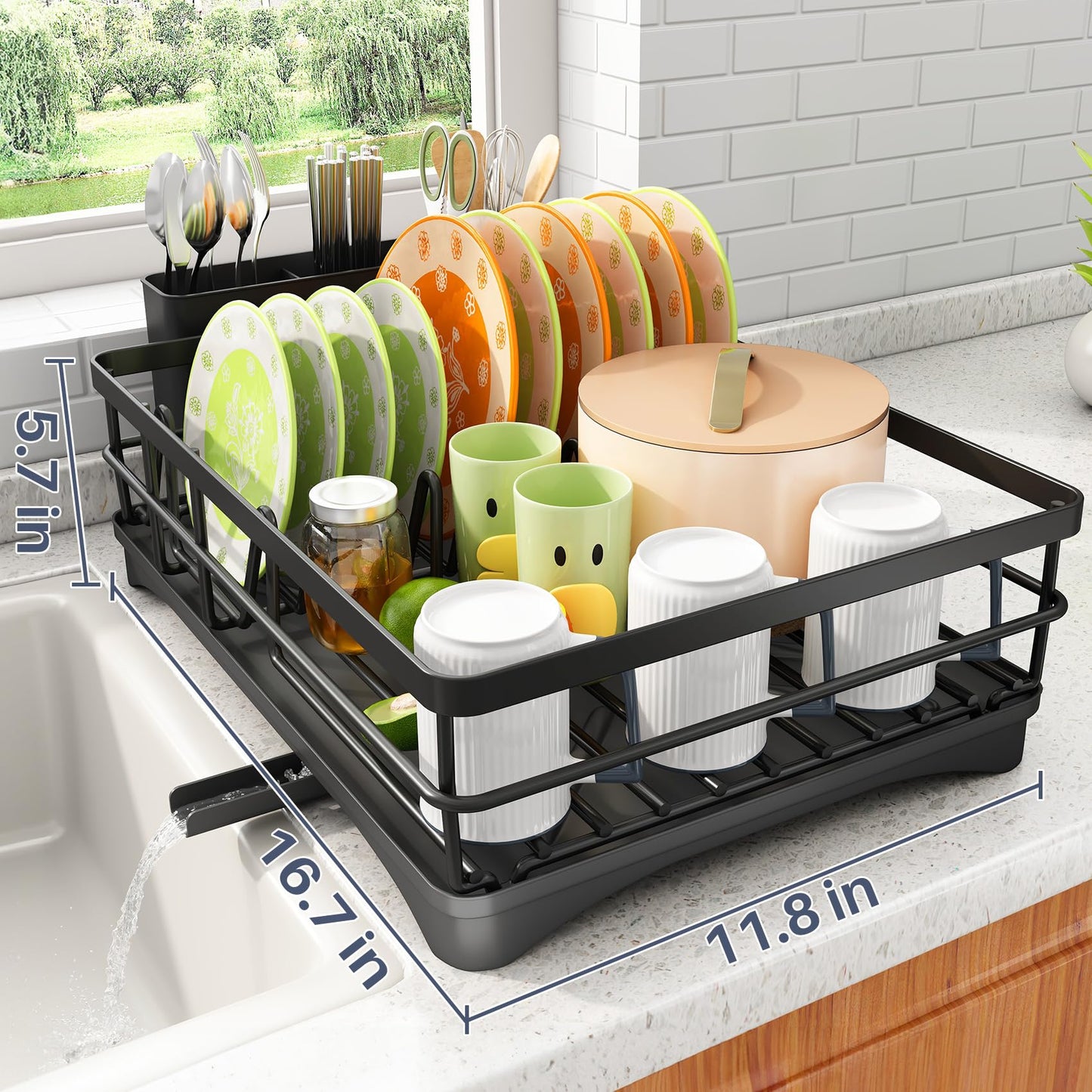 Dish Drying Rack - Rust Resistant Dish Drainer for Kitchen Counter with Drainboard & Rotating Spout, Large-Capacity Dish Rack with Removable Utensil Holder, Space-saving kitchen organizer, Black