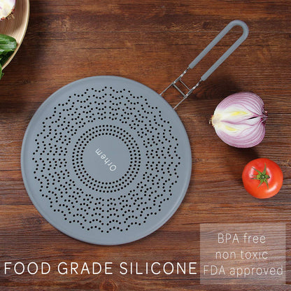 11" Silicone Splatter Screen Pan Cover with Folding Handle, Heat Insulation Cooling Mat, Strainer, Drain Board, Oil Splash Guard for Frying Pan
