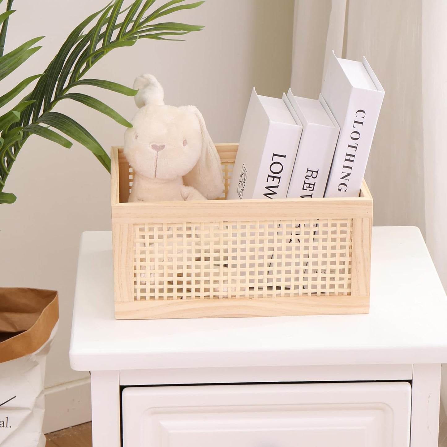 Rectangular Storage and Decor Basket, Wood Box, Natural Pine and Bamboo Material