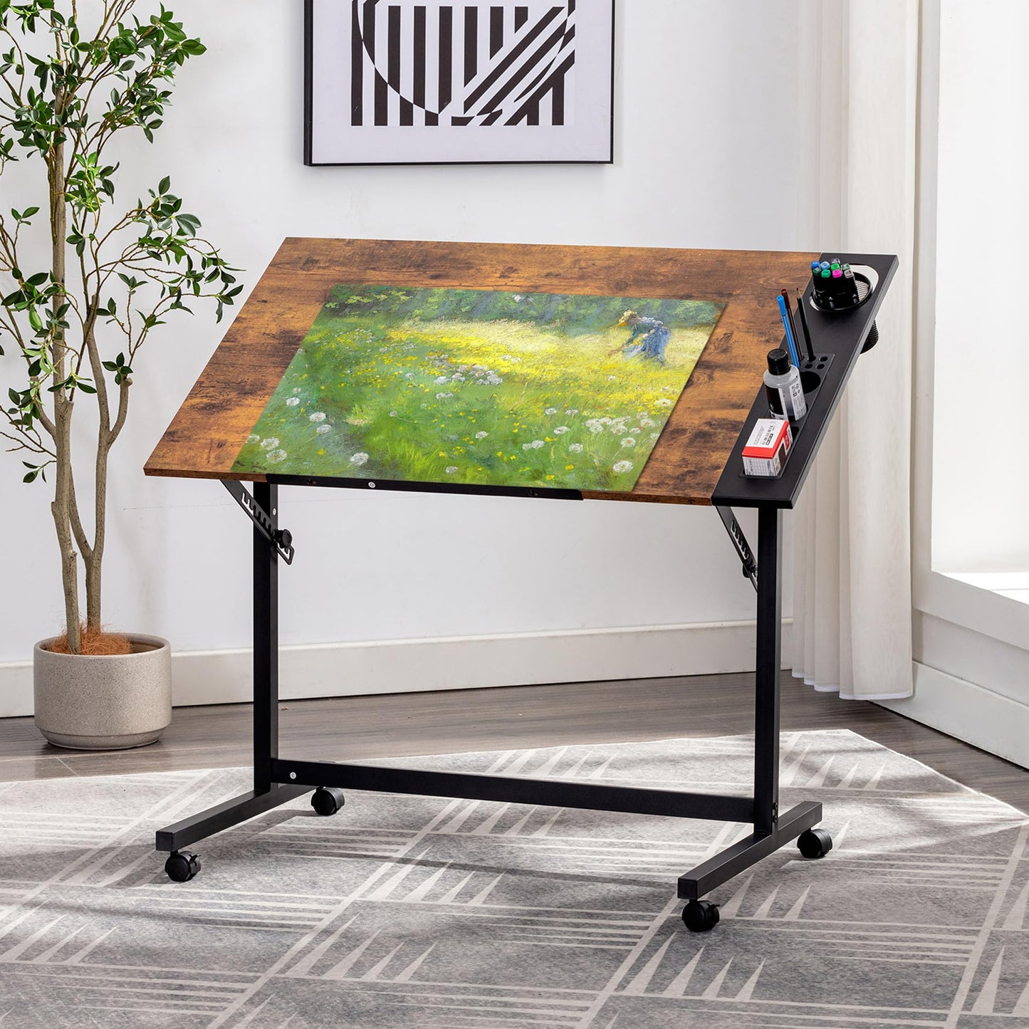VECELO Vintage Drawing Drafting Table, Adjustable Tilting Top Art Desk Craft Work Station with Pencil Ledge, Lockable Slide Rolling Wheels for Painting Diamond Reading Writing Study, Rustic Brown