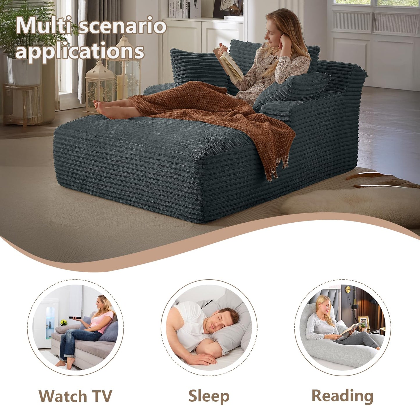 49.2"W Oversized Chaise Lounge Chair Indoor,Comfy Boneless Reading Chair with 3 Pillows, Luxurious Corduroy Fabric Single Cloud Sofa Chair for Living Room & Bedroom,No Assembly Required,Dark Grey