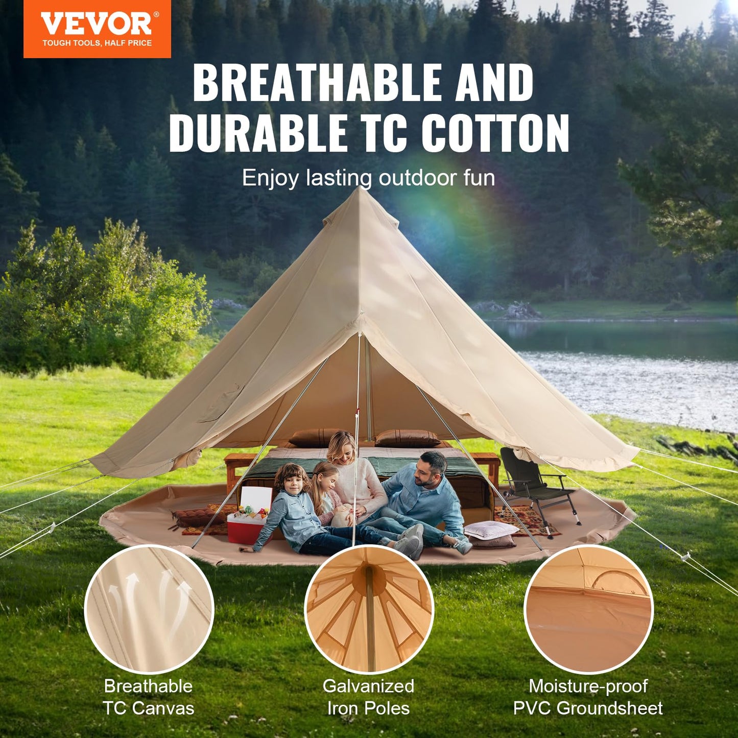 VEVOR Canvas Tent Bell Tent, 4 Seasons 7 m/22.97 ft, for Camping with Stove Jack, Family Camping Outdoor Hunting Party