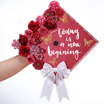 Gilprop 56 Pcs Graduation Grad Cap Decorations Kit DIY Glitter Card Stock Construction Paper Bow Artificial Flower Heads 3D Butterfly Rhinestones Letter Stickers Adhesive Dots for Grad Hat(Red)
