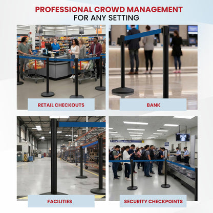 Crowd Control Warehouse Set of 2 Stanchion Retractable Belt Barriers, 11 Foot Dark Blue Belt Barrier with 40” Black Posts, Premium Barriers with Heavy Duty Concrete Base, CCW Series RBB-100