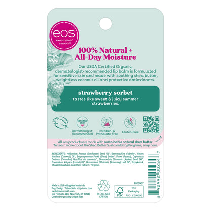 eos 100% Natural & Organic Lip Balm- Strawberry Sorbet, All-Day Moisture, Dermatologist Recommended for Sensitive Skin, Lip Care Products, 0.25 oz