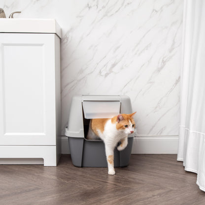 IRIS USA Cat Litter Box with Front Door Flap and Scoop, Covered Kitty Box with Handle and Buckles for Portability and Privacy, Dark Gray