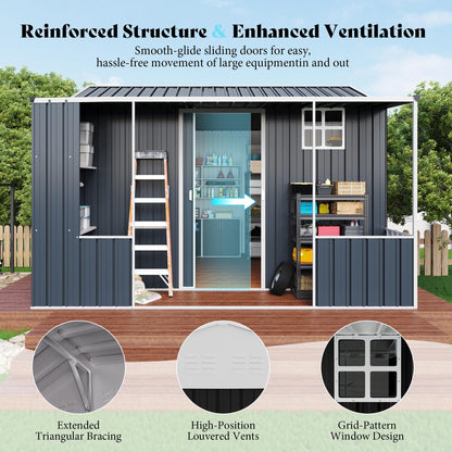 VanAcc 10×10.5×7 FT Metal Storage Shed, Dual-Zone Tool Shed with Work Area, Reinforced Frame, Gable Roof, Ventilated Design, Dark Grey