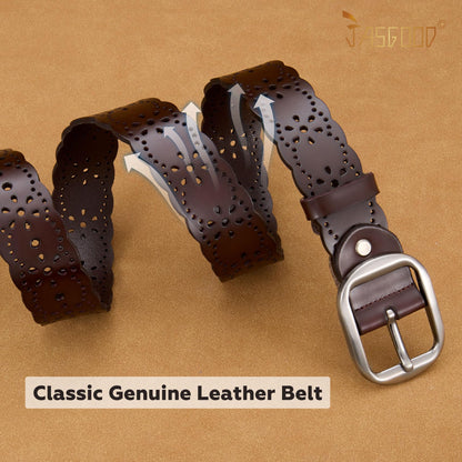 JASGOOD Women’s Hollow Flower Genuine Cowhide Leather Belt With Alloy Buckle needs dark brown and a size Waist Size 26-30 Inch