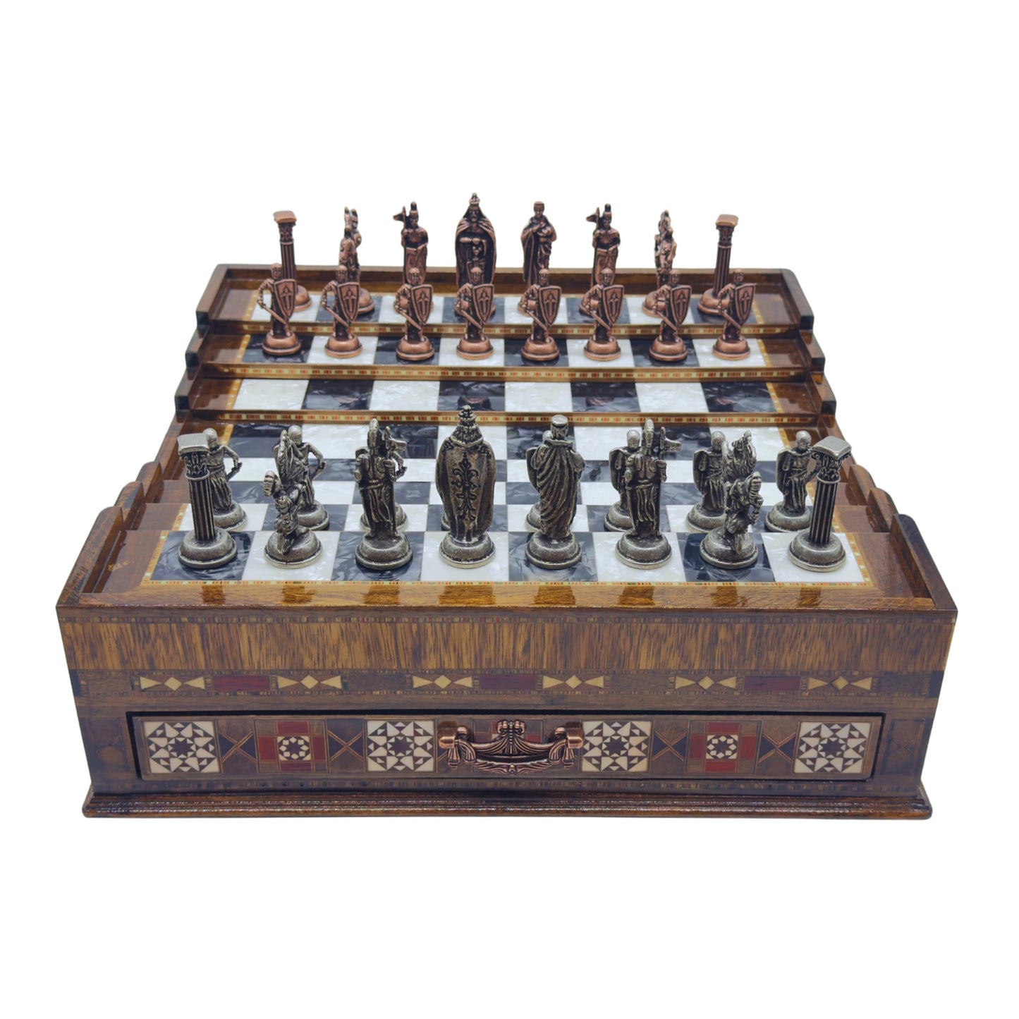Luxury Handmade Wooden Chess Set with Storage Drawers – Large Walnut & Rosewood Chess Board with Weighted Metal British Pieces – Chess Set for Adults, Men & Dad