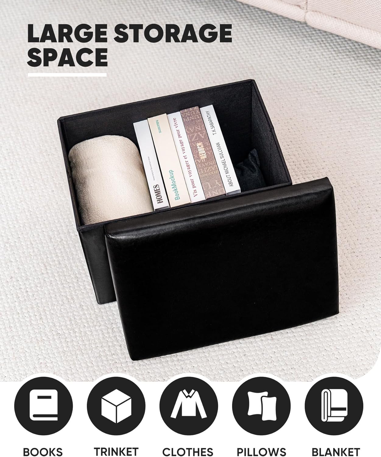 16.5"x12.6"x12.6" B FSOBEIIALEO Folding Storage Ottoman Cube Faux Leather Ottomans for Living Room, Bedroom, Home
