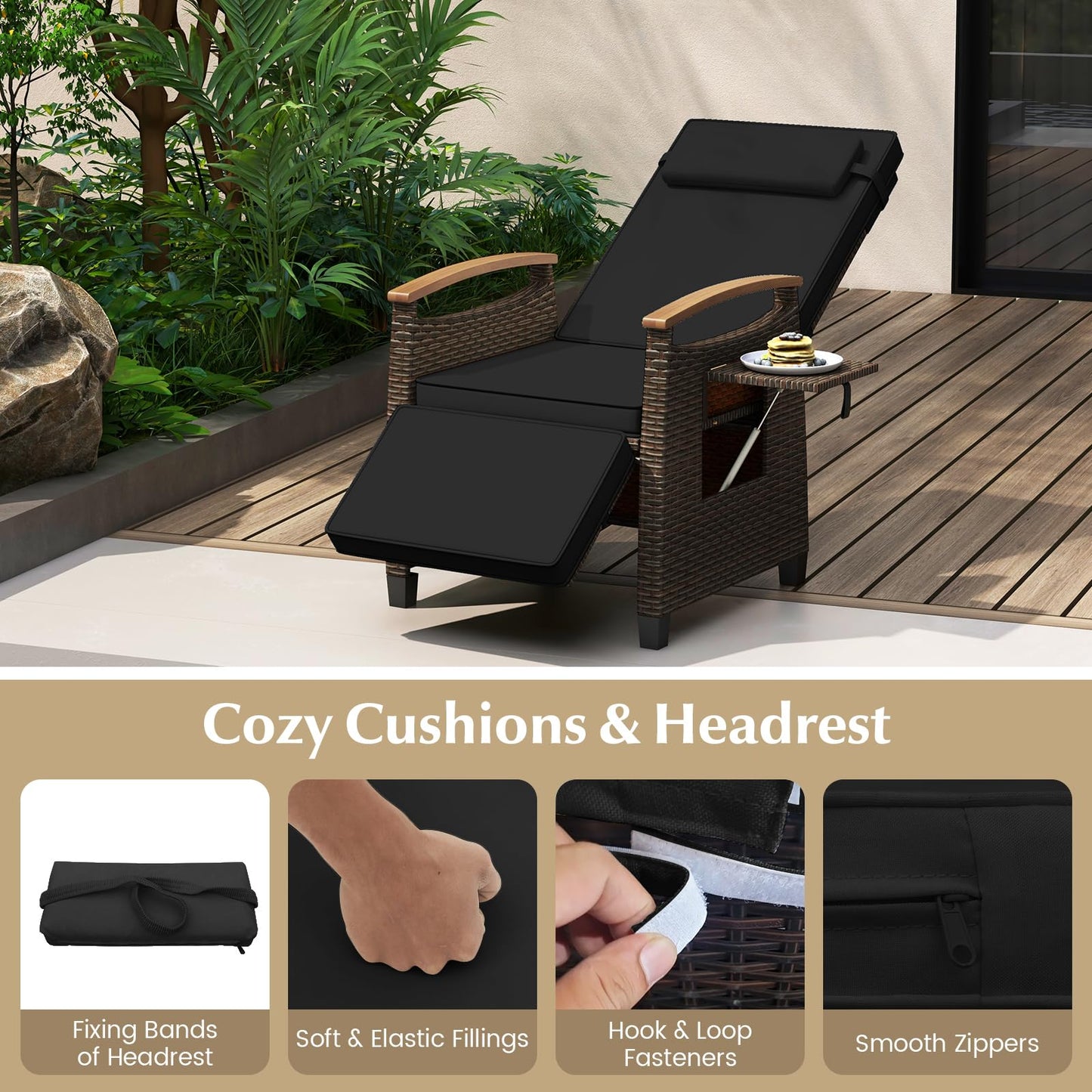 RELAX4LIFE Rattan Outdoor Recliner Chair - Wicker Chaise Lounge Chair w/Adjustable Back & Footrest, Acacia Wood Armrests, Flip Side Table, Cushion, Reclining Patio Chair for Pool Yard (2, Black)