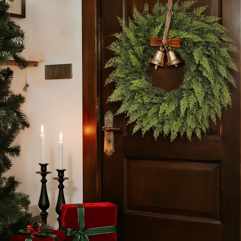 24" Soft Textured Christmas Cedar Wreath - Artificial Cedar Wreaths Faux Green Fake Pine Needles Wreath for Front Door, Wall, Windows, Home,Outdoor,Xmas Decor