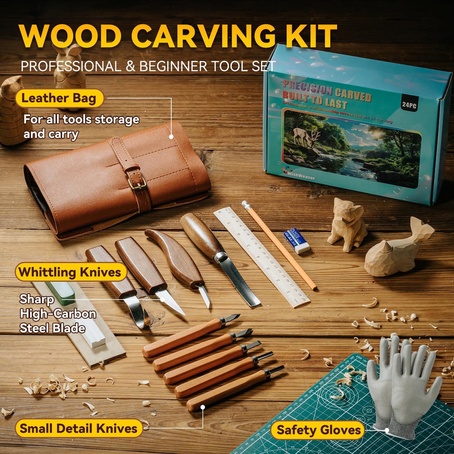 Wood Carving Kit, 24Pcs Wood Carving Tools Set with Leather Storage Bag, Wood Carving Set 4 Wood Carving Knives 5 Chisels 9 Blocks, Whittling Kit for Beginners Enthusiasts Adults Kids Gift DIY
