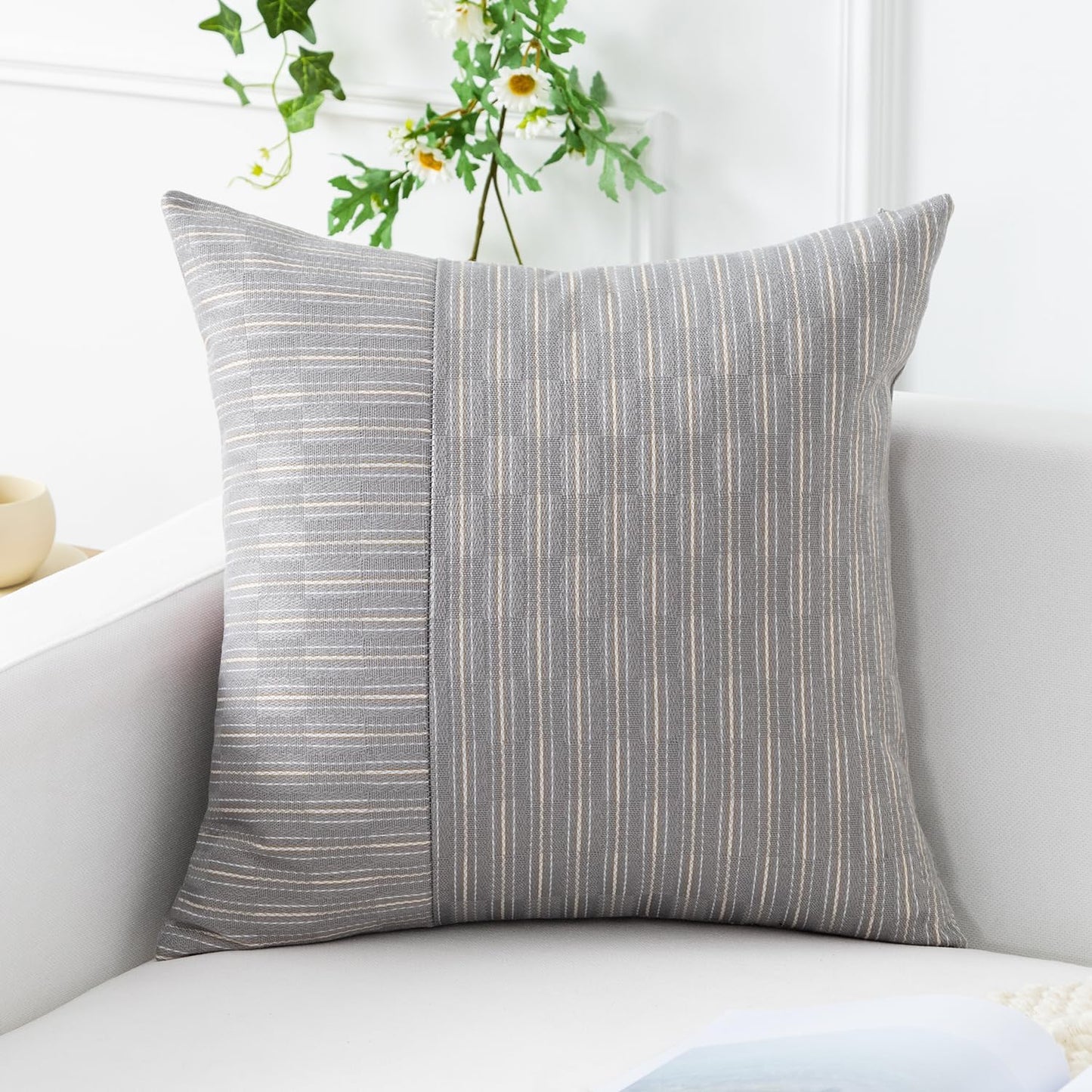 20x20, Set 2, Kevin Textile Grey and Beige Farmhouse Striped Patchwork Linen Decorative Throw Pillows Covers of Modern