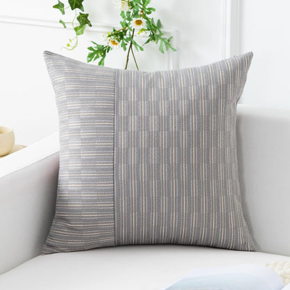 20x20, Set 2, Kevin Textile Grey and Beige Farmhouse Striped Patchwork Linen Decorative Throw Pillows Covers of Modern