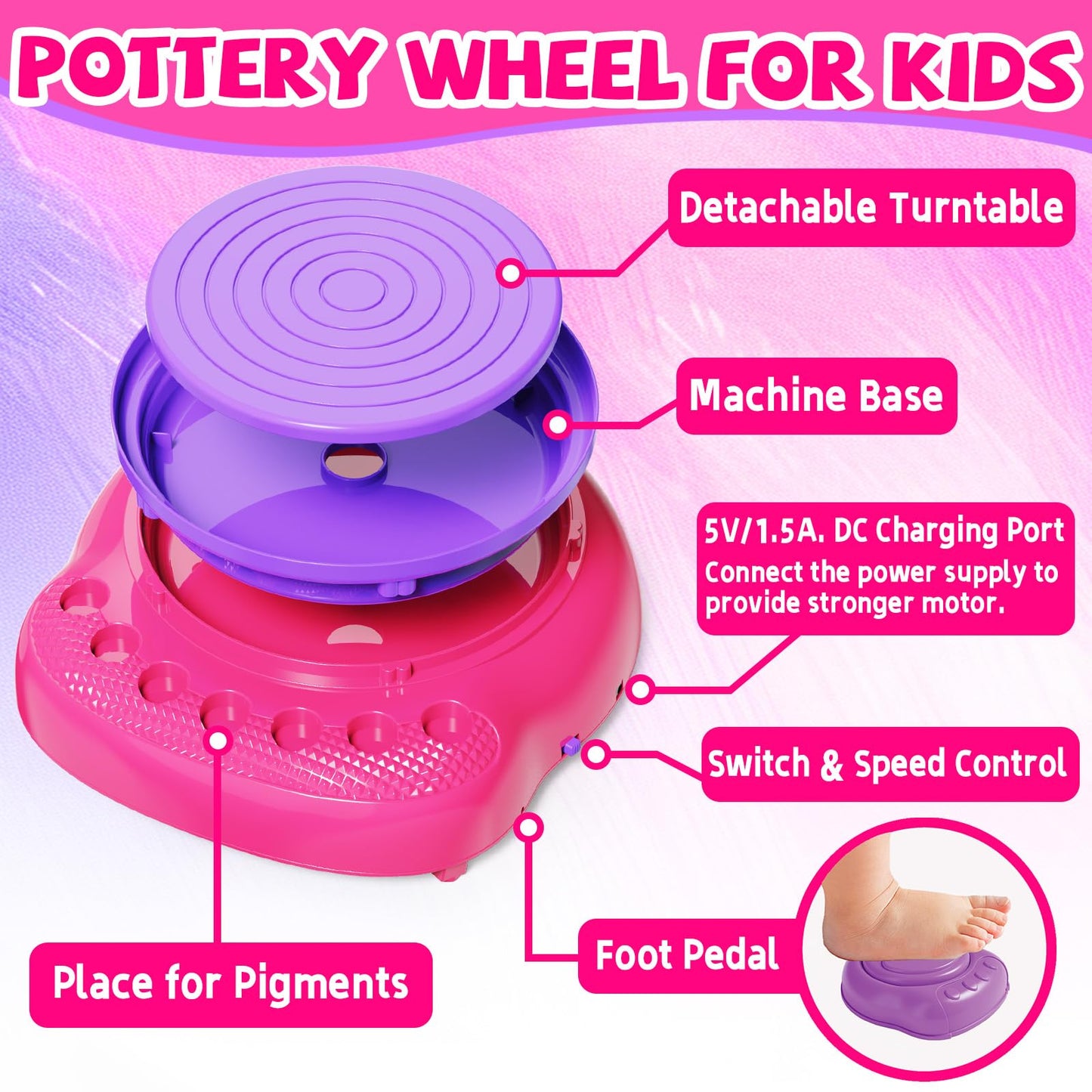 Vinkp Pottery Wheel for Kids - Complete Pottery Painting Kit Arts and Crafts for Kids Ages 8-12 with Air Dry Clay Art Supplies for Girls Boys Toys Birthday Gifts for 6 7 8 9 10 11 12 - Pink