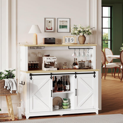 IDEALHOUSE 55" Farmhouse Coffee Bar Cabinet with Power Outlet & LED Light - Sliding Barn Door Buffet with Removable Wine Rack, 2-Tier Drawers, for Kitchen, Dining & Living Room, White