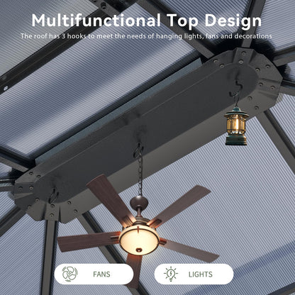 Aoxun 10'x12' Hardtop Gazebo, Aluminum Frame Permanent Pavilion with Curtains and Netting, Outdoor Polycarbonate Double Roof Canopy for Garden, Lawns, Patio