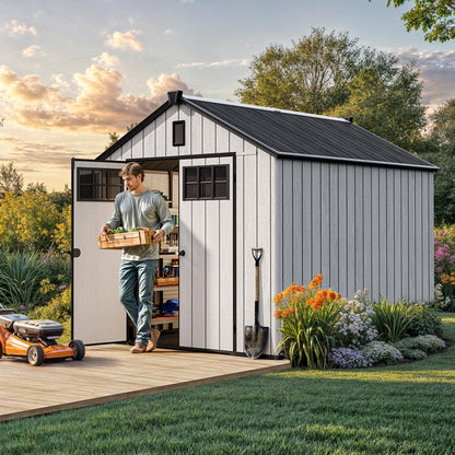 YITAHOME Large Outdoor Storage Shed 8x10 Ft, Extra Thick Plastic Storage Sheds with Floor, Lockable Doors, Vision Grid Windows, Vents, 16mm Heavy Duty Garden Storage for Bikes Mowers and Tools, Gray