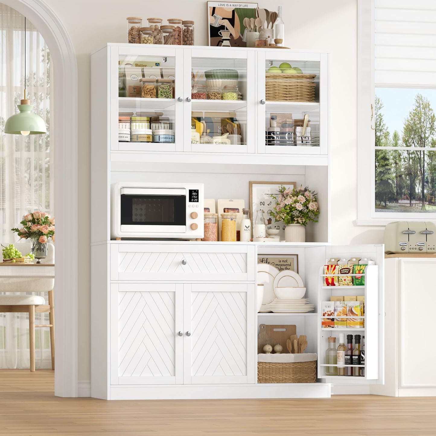 BOTLOG 72” Tall Kitchen Pantry Storage Cabinet, Modern White Kitchen Hutch with Large Storage Drawer, Countertop, Adjustable Shelves, Food Pantry Cabinets for Dining Room, Living Room