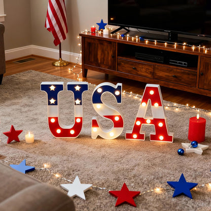 NWLIGHT Light Up letters 4th of July Marquee Lights for Independence Day LED Battery Operated Letter Lights Patriotic USA Letters Holiday Table Centerpiece Home Decoration