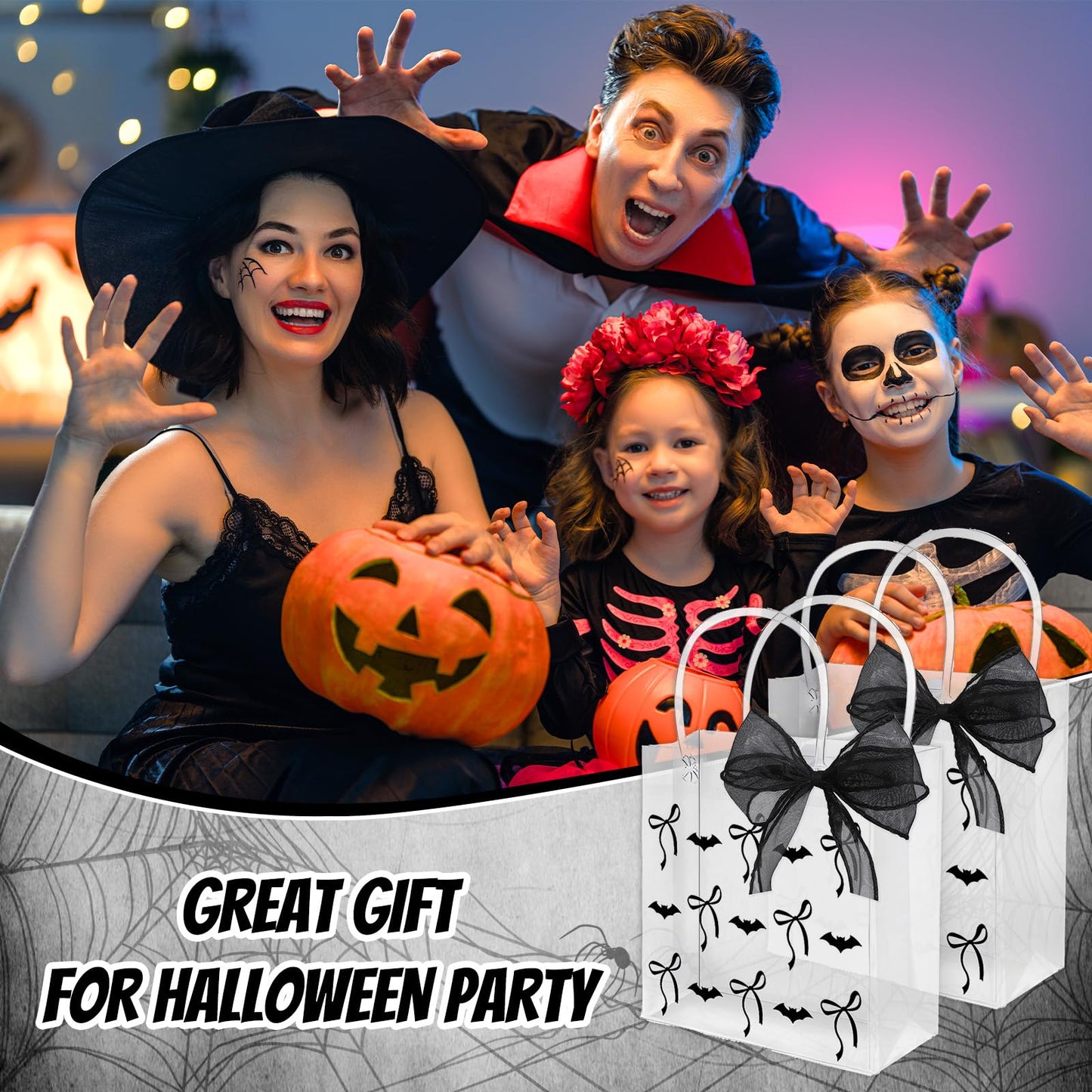 Whaline 12 Pcs Halloween Clear PVC Gift Bags with Handles Ribbon Black Bats Bow Coquette Party Favor Bags Trick or Treat Tote Candy Bag for Holiday Birthday Baby Shower Halloween Party Supplies
