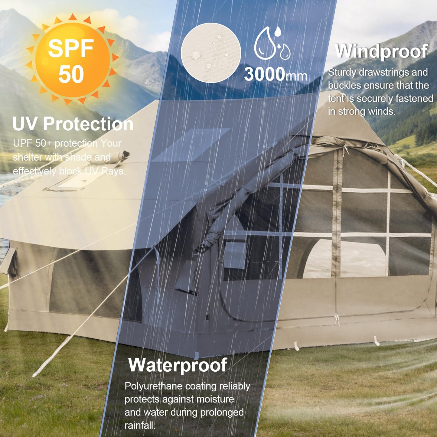 4-6 Person Inflatable Tent for Camping with Stove Jack, Hand Air Pump Easy Setup Blow Up Tents for 4 Seasons Waterproof Inflatable Air House Tent for Outdoor Adult