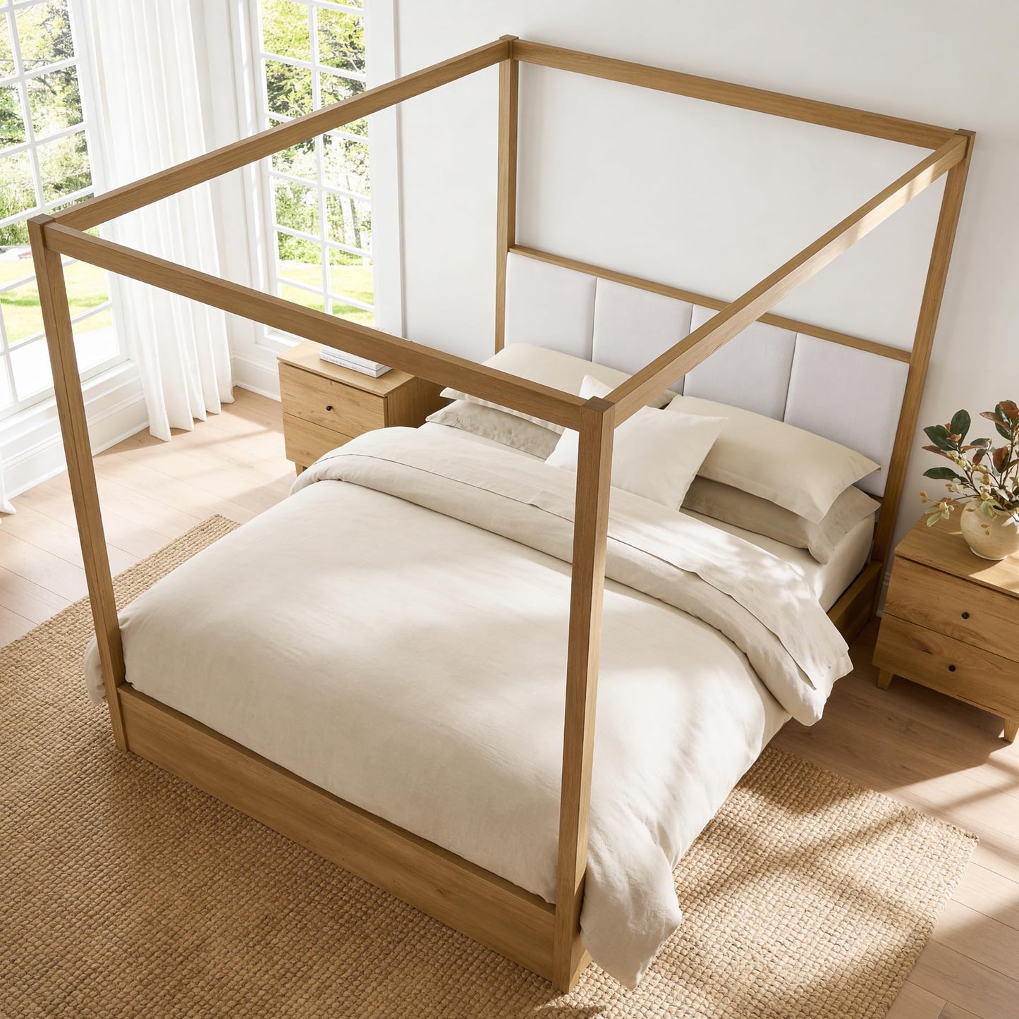 WAMPAT Wood Canopy Bed Frame Queen Size, Solid Wood Poster Bed with 12 Slats and Support Legs, 800 lbs Capacity, No Box Spring Needed, Modern Oak Wooden Bed with Upholstered Headboard for Bedroom
