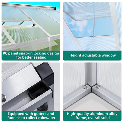 6x10 FT Greenhouse - Large Aluminum Greenhouses for Outdoors, Heavy Duty Polycarbonate Greenhouse with Roof Vent&Ground Nails, Walk-in Green Houses for Garden, Backyard, Patio, Easy Assembly