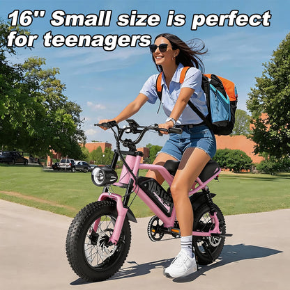 VDL Mountain Electric Bike for Teenager, 16" Fat Tire Ebike, Wider Seat 800W Peak Motor, Removable Battery, Front Fork Suspension, 20MPH, UP to 35 Miles Mountain Ebike, Black-Pink