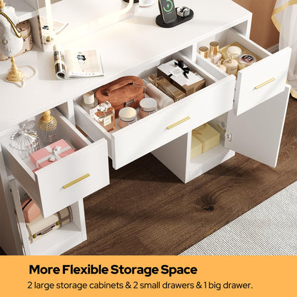 knoworld Vanity Desk with Sliding Mirror & LED Lights, Smart Makeup Table with Charging Station, Hairdryer Holder, 7 Shelves, 3 Drawers, 2 Cabinets, Vanity with Extra Hidden Stroage for Bedroom,White