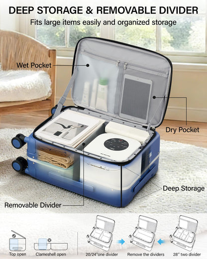 Hanke 28 Inch Top Opening Hard Shell Checked Luggage, PC Aluminum Frame Large Trunk Luggage with Cup Holder & USB Ports, TSA Lock, 8 Silent Spinner Wheels, Removable Divider, Interstellar Blue